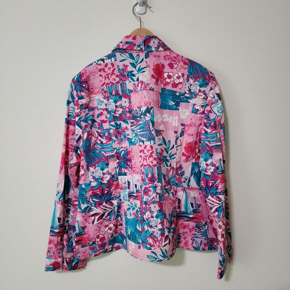 New Drapers & Damons Womens Button-Up Jacket Pink Teal Tropical Cotton-Blend PL - Picture 2 of 7